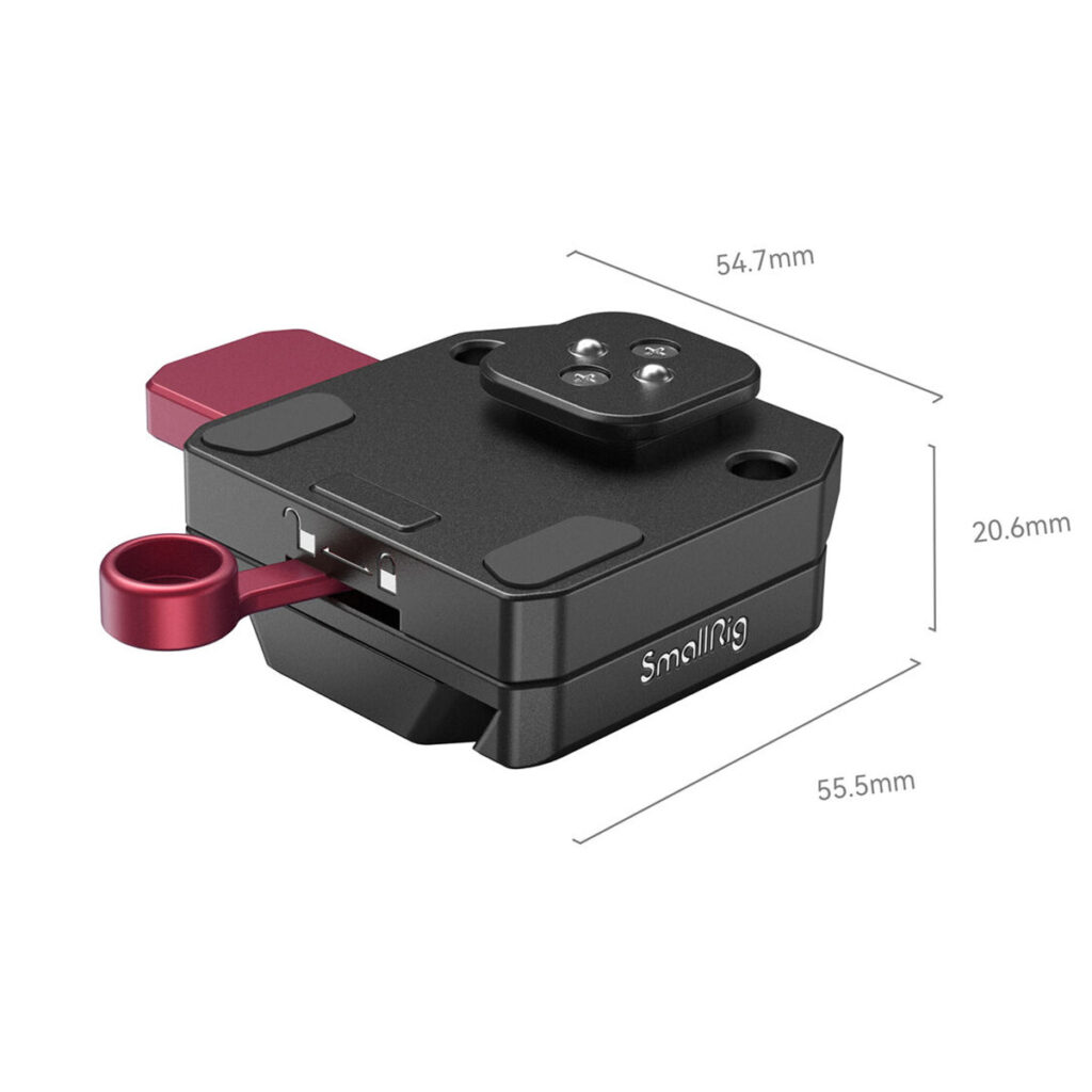 SmallRig-4189-3 Musta ja punainen SmallRig 4189 -virtalähteen kiinnityslevy DJI RS -vakauttajille, jossa mittalinjat osoittavat 54,7 mm leveyttä, 20,6 mm korkeutta ja 55,5 mm pituutta; "SmallRig"-logo on sivulla.