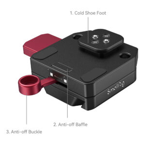 SmallRig-4189-4 SmallRig 4189 -virtalähteen kiinnityslevy DJI RS -vakauttajille on musta ja punainen kameran lisävaruste, jossa on: 1. Cold Shoe Foot -jalka päällä, 2. Anti-off Baffle keskellä ja 3. Anti-off-solki sivulla.