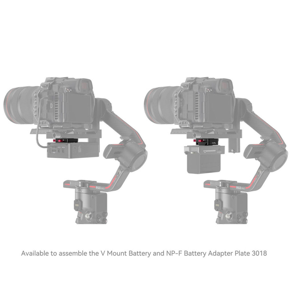 SmallRig-4189-5 Kaksi ammattilaiskameraa käsikardaanilla, kummassakin eri akkusovitinlevy alla. Teksti: Yhteensopiva SmallRig 4189 -virtalähteen kiinnityslevyn kanssa DJI RS-stabilisaattoreille, tukee V-kiinnitystä ja NP-F-akkusovitinlevyä 3018.