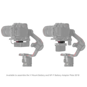 SmallRig-4189-5 Kaksi ammattilaiskameraa käsikardaanilla, kummassakin eri akkusovitinlevy alla. Teksti: Yhteensopiva SmallRig 4189 -virtalähteen kiinnityslevyn kanssa DJI RS-stabilisaattoreille, tukee V-kiinnitystä ja NP-F-akkusovitinlevyä 3018.