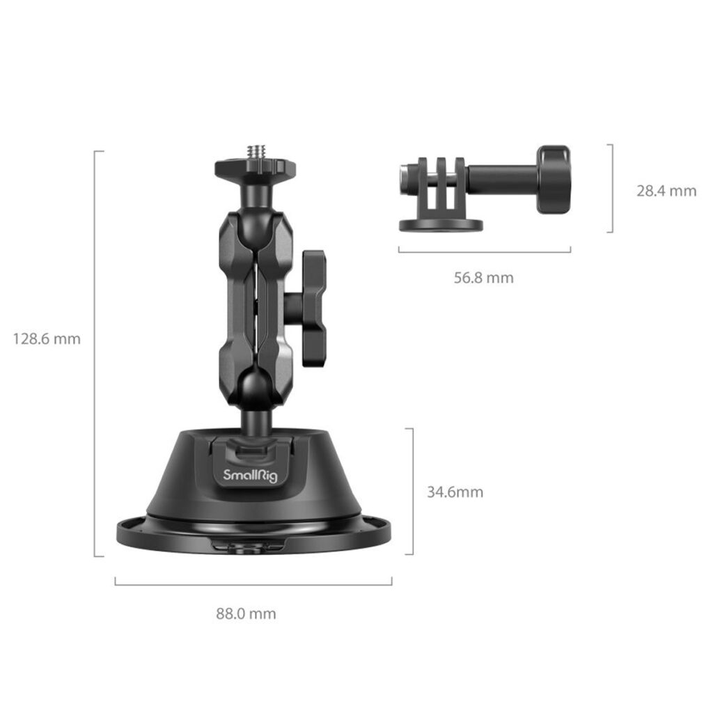 SmallRig-4193-2 SmallRig 4193 Portable Suction Cup Mount Support for Action Cameras SC-1K (musta) on 128,6 mm korkea, 88 mm halkaisijaltaan, 34,6 mm korkeudeltaan ja 56,8 mm pitkä ja 28,4 mm korkea sivukappale.