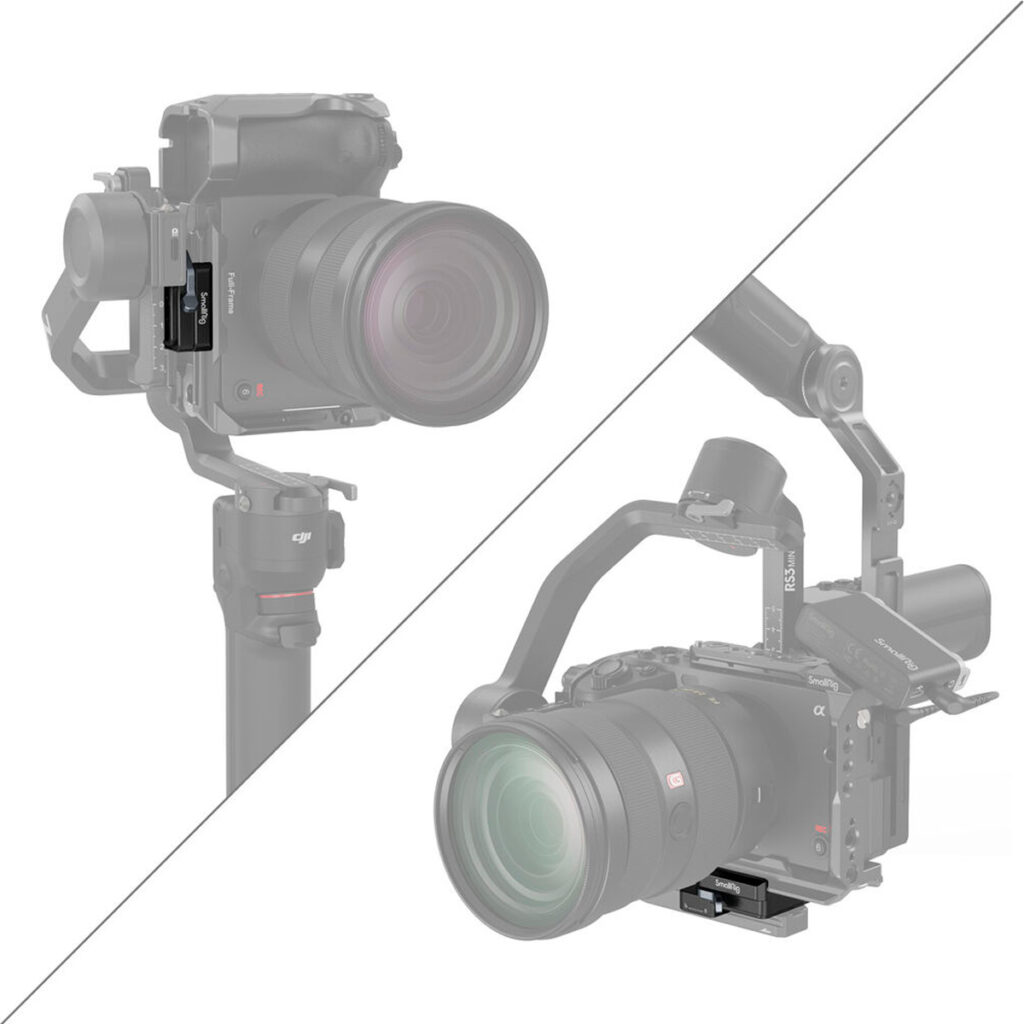 SmallRig-4195-2 Jaettu kuva DSLR-kamerasta SmallRig 4195 Arca-Swiss Mount Plate for DJI RS 3 Mini -kiinnityslevyssä näyttää muistikorttipaikan (ylhäällä vasemmalla) ja akkulokeron (alhaalla oikealla), molemmat mustalla korostuksen vuoksi.