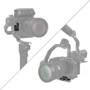 SmallRig-4195-2 Jaettu kuva DSLR-kamerasta SmallRig 4195 Arca-Swiss Mount Plate for DJI RS 3 Mini -kiinnityslevyssä näyttää muistikorttipaikan (ylhäällä vasemmalla) ja akkulokeron (alhaalla oikealla), molemmat mustalla korostuksen vuoksi.