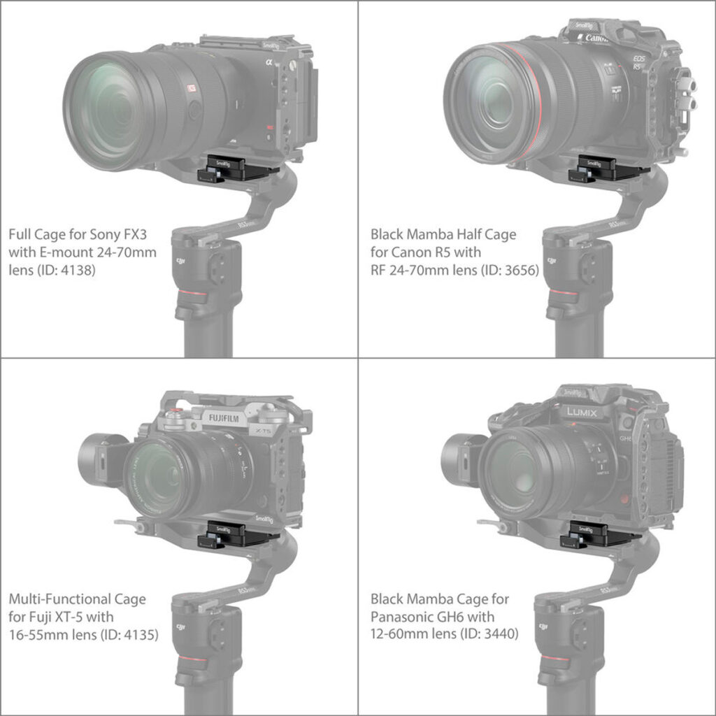 SmallRig-4195-5 Neljässä kamerassa - Sony FX3, Canon R5, Fujifilm X-T5 ja Panasonic GH6 - on omat häkkinsä ja linssitietonsa, jotka kaikki on kiinnitetty SmallRig 4195 Arca-Swiss Mount Plate for DJI RS 3 Mini -levyllä.