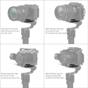 SmallRig-4195-5 Neljässä kamerassa - Sony FX3, Canon R5, Fujifilm X-T5 ja Panasonic GH6 - on omat häkkinsä ja linssitietonsa, jotka kaikki on kiinnitetty SmallRig 4195 Arca-Swiss Mount Plate for DJI RS 3 Mini -levyllä.