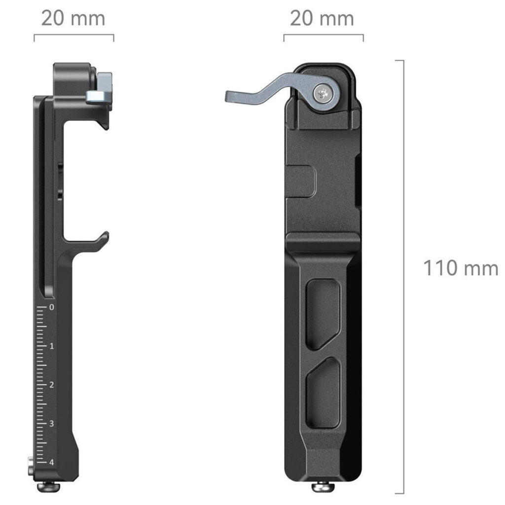SmallRig-4196-3 SmallRig 4196 Extended Vertical Support for DJI RS3 Mini -laitteen sivu- ja etunäkymät, musta metalli, jossa on vipuja ja lovia, 110 mm korkea ja 20 mm leveä, kuvassa merkityt mitat.