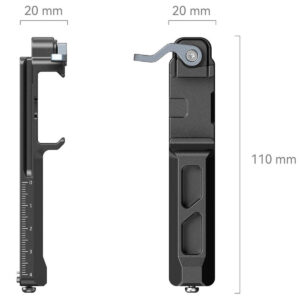 SmallRig-4196-3 SmallRig 4196 Extended Vertical Support for DJI RS3 Mini -laitteen sivu- ja etunäkymät, musta metalli, jossa on vipuja ja lovia, 110 mm korkea ja 20 mm leveä, kuvassa merkityt mitat.