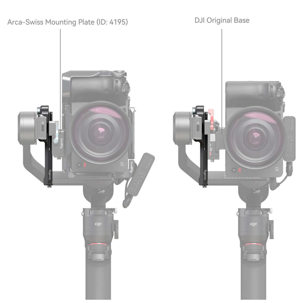SmallRig-4196-5 SmallRig 4196 Extended Vertical Support for DJI RS3 Mini (vasemmalla, Arca-Swiss Mounting Plate) ja DJI Original Base (oikealla) kameran vertailu vierekkäin, ja kiinnitysasetukset on merkitty tarroilla.