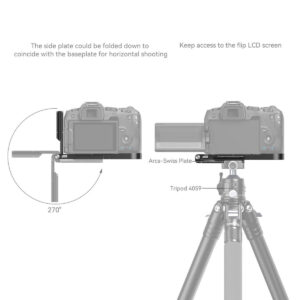 SmallRig-4211-5 Kaavio SmallRig 4211 Foldable L-Shape Mount Plate for Canon EOS R8 -laitteesta jalustalla, jossa on Arca-Swiss-levy; vasemmalla näkyy 270° alas taitettu sivulevy, oikealla avoin pääsy kameran kääntyvälle LCD-näytölle.