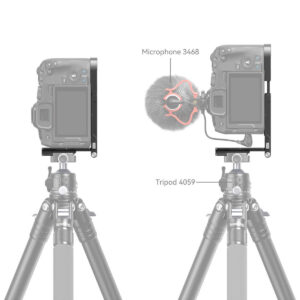 SmallRig-4211-6 Kuvassa on kaksi mustaa kameraa identtisillä jalustoilla. Vasemmassa kamerassa on SmallRig 4211 Foldable L-Shape Mount Plate for Canon EOS R8. Molemmat jalustat on merkitty "Tripod 4059", ja kameran tiedot on harmaannettu.
