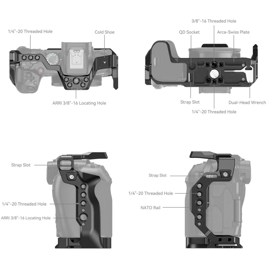 SmallRig-4212-3 SmallRig 4212 Cage for Canon EOS R8 on esitetty neljästä kulmasta, ja siinä korostetaan merkittyjä ominaisuuksia, kuten hihna-aukkoja, kylmäkenkää, QD-liitäntää, Arca-Swiss-levyä, erilaisia kierteitettyjä ja paikannusreikiä, NATO-kiskoa ja kaksoispääavainta.