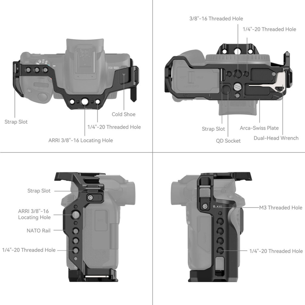 SmallRig-4214-3 SmallRig 4214 Cage for Canon EOS R50 on esillä neljästä kulmasta, ja siinä korostuvat ARRI-paikannusreiät, hihna-aukot, 1/4-20- ja 3/8-16-kierteet, kylmäkenkä, NATO-kisko, Arca-Swiss-levy, QD-pistorasia ja jakoavainpaikka.