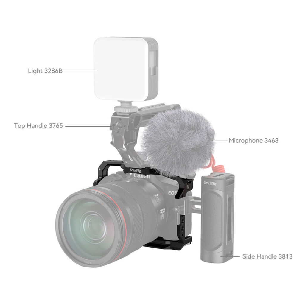 SmallRig-4214-5 SmallRig 4214 Cage for Canon EOS R50 -laitteeseen on asennettu valo 3286B, mikrofoni 3468 (pörröisellä suojuksella), yläkahva 3765 ja sivukahva 3813, jotka on merkitty selvästi.