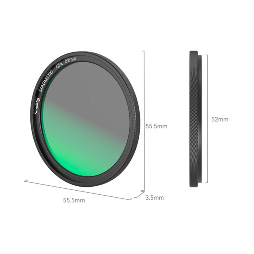 SmallRig-4216-3 SmallRig 4216 MagEase Magneettinen CPL-suodatinsarja (52MM) on esitetty edestä ja sivulta, ja sen halkaisija on 55,5 mm, sisähalkaisija 52 mm ja paksuus 3,5 mm; sen pinta heijastaa vihreää.