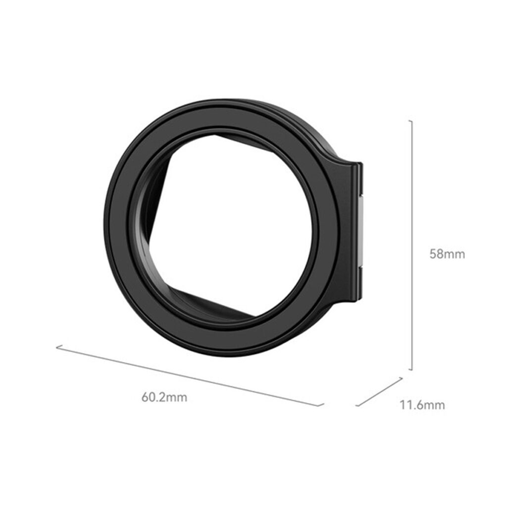 SmallRig-4219-2 SmallRig 4219 2-in-1 52 mm:n magneettinen suodatinsovitin rengas/puhelinjalusta iPhone 14 Pro Max -puhelimelle on musta, pyöreä sovitin (58 mm x 60,2 mm x 11,6 mm), jossa on kulmikkaat sisäreunat, kuvassa valkoista taustaa vasten.