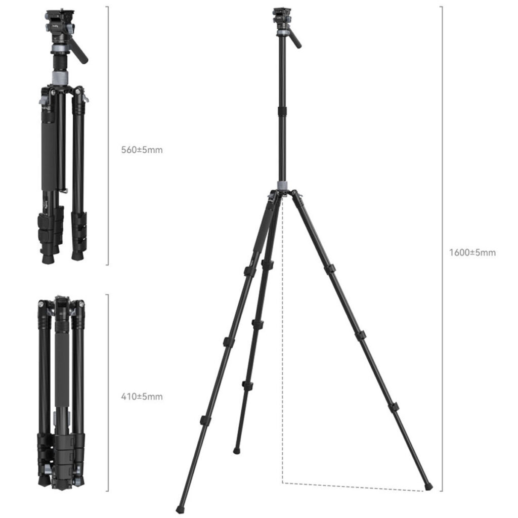 SmallRig 4221 Travel Video Tripod Kit on esitetty kokoontaitettuna 410 mm:n, osittain ulosvedettynä 560 mm:n ja täysin ulosvedettynä 1600 mm:n mitoilla. Siinä on säädettävät jalat ja kiinnityspää.
