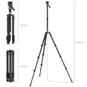 SmallRig 4221 Travel Video Tripod Kit on esitetty kokoontaitettuna 410 mm:n, osittain ulosvedettynä 560 mm:n ja täysin ulosvedettynä 1600 mm:n mitoilla. Siinä on säädettävät jalat ja kiinnityspää.