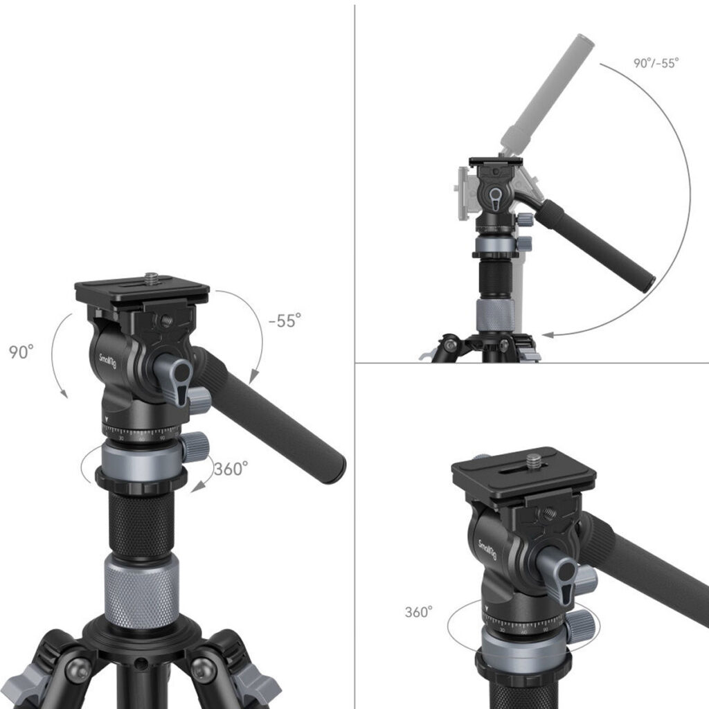SmallRig 4221 Travel Video Tripod Kitin musta jalustapää, jossa on kahva, kääntyy 360° vaakasuoraan ja kallistuu 90° -55°, kuten kolmessa lähikuvassa näkyy, jotka korostavat sen säädettävää liikettä ja joustavaa asemointia.
