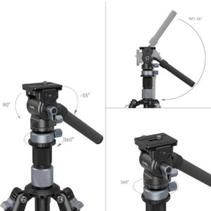 SmallRig 4221 Travel Video Tripod Kitin musta jalustapää, jossa on kahva, kääntyy 360° vaakasuoraan ja kallistuu 90° -55°, kuten kolmessa lähikuvassa näkyy, jotka korostavat sen säädettävää liikettä ja joustavaa asemointia.