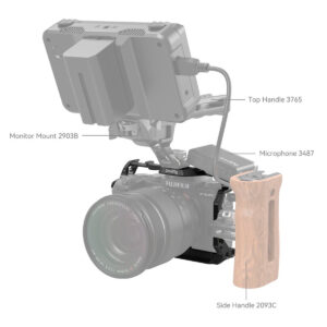 SmallRig-4230-4 SmallRig 4230 Cage for Fujifilm X-S20 -asennus, jossa on monitorikiinnike 2903B, yläkahva 3765, mikrofoni 3487 ja puinen sivukahva 2093C kiinnitettynä kameraan.