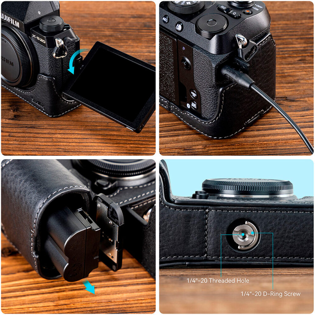 Neljä lähikuvaa SmallRig 4232 Camera Leather Case for Fujifilm X-S20 -kamerakotelosta esittelevät sen kuvioidun mustan viimeistelyn, ulos käännettävän näytön, kaapeliliitäntäportin, avoimen akkulokeron ja D-rengasruuvilla varustetun kierteitetyn reiän pohjassa.