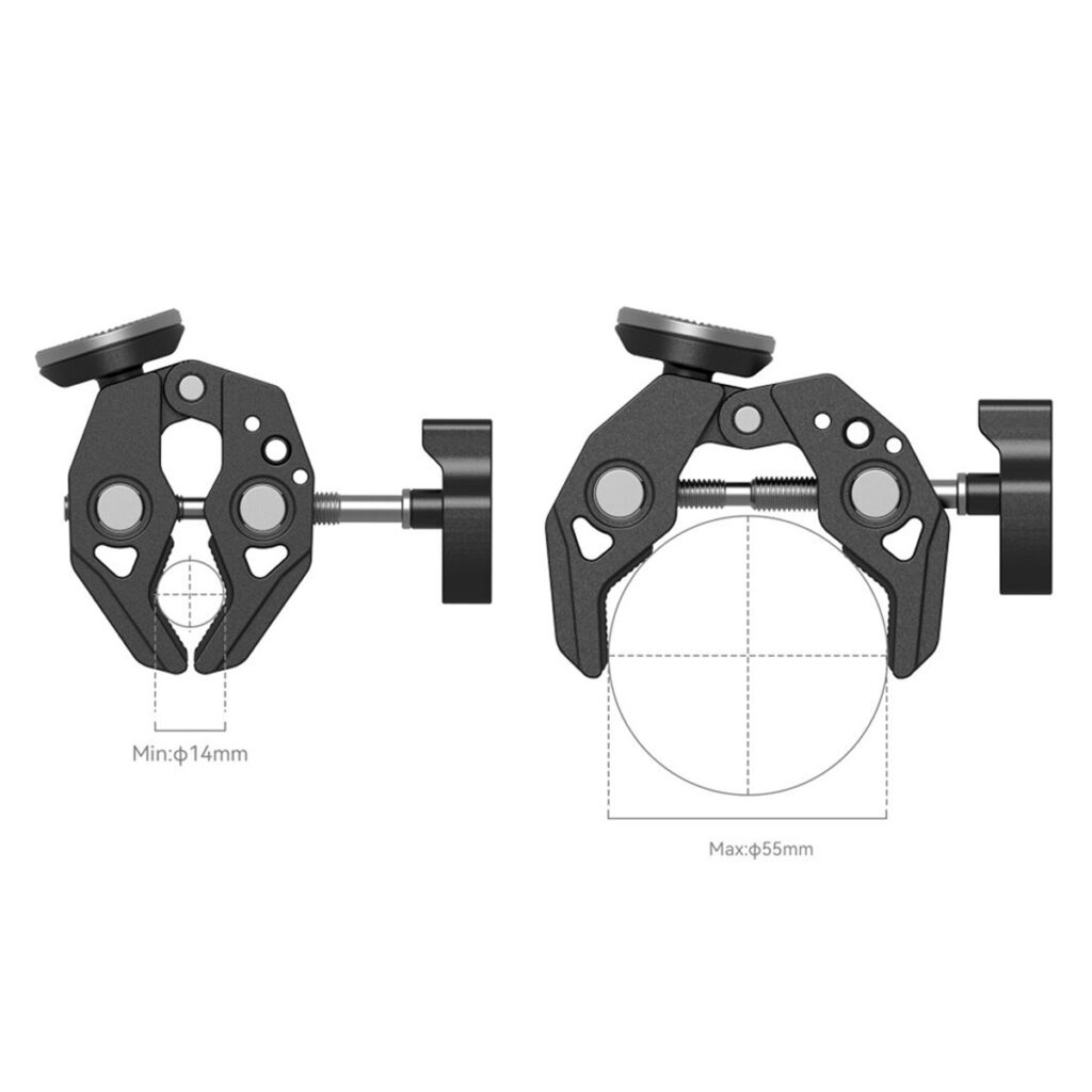 SmallRig-4249-4 SmallRig 4249 Super Clamp with ARRI Rosette Mount, mustaa metallia, tarttuu kohteisiin halkaisijaltaan 14mm - 55mm; kuvassa on kiinnitys eri kohteisiin, ja kunkin kiinnittimen alla on mittakaaviot.