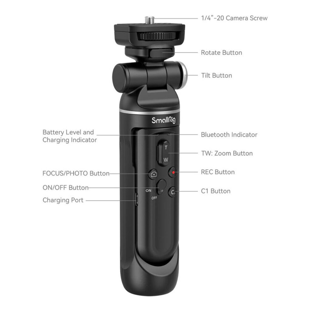 SmallRig-4258-3 SmallRig 4258 Vlogging Tripod Kit Sony ZV-E1:lle, ZV-E10:lle, ZV-1:lle ja ZV-1F:lle sisältää mustan kameran ohjauskahvan, jossa on merkittyjä painikkeita: kameran ruuvi, kierto/kallistus, akun merkkivalo, zoom, REC, tarkennus/kuvaus, ON/OFF, latausliitäntä ja C1-painike.