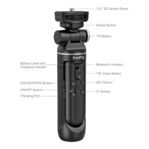 SmallRig-4258-3 SmallRig 4258 Vlogging Tripod Kit Sony ZV-E1:lle, ZV-E10:lle, ZV-1:lle ja ZV-1F:lle sisältää mustan kameran ohjauskahvan, jossa on merkittyjä painikkeita: kameran ruuvi, kierto/kallistus, akun merkkivalo, zoom, REC, tarkennus/kuvaus, ON/OFF, latausliitäntä ja C1-painike.