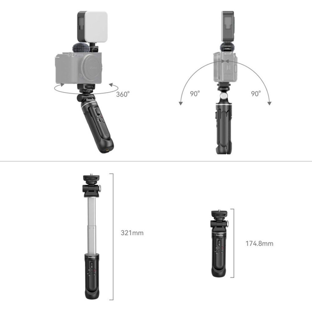 SmallRig-4258-5 SmallRig 4258 Vlogging Tripod Kit for Sony ZV-E1/ZV-E10/ZV-1/ZV-1F on musta käsikäyttöinen kolmijalka, jossa on 360° kierto, 90° kallistus ja säädettävä korkeus 174,8 mm:stä 321 mm:iin, kuvassa kameraa ja valaisinta pitelevä kolmijalka ja ominaisuuksia havainnollistavat tekniset kaaviot.