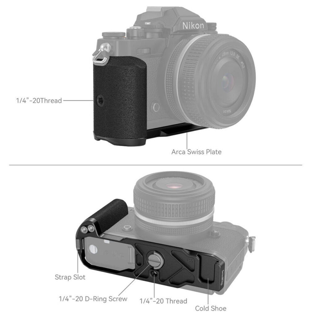 SmallRig-4263-3 SmallRig 4263 L-muotoinen kahva Nikon Z fc:lle (musta) on esitetty kahdessa merkityssä kaaviossa. Yläkuvassa korostuu Arca Swiss -levy ja 1/4-20-kierre; alakuvassa näkyy hihna-aukko, D-rengasruuvi, kierre ja kylmäkenkäkiinnitys.