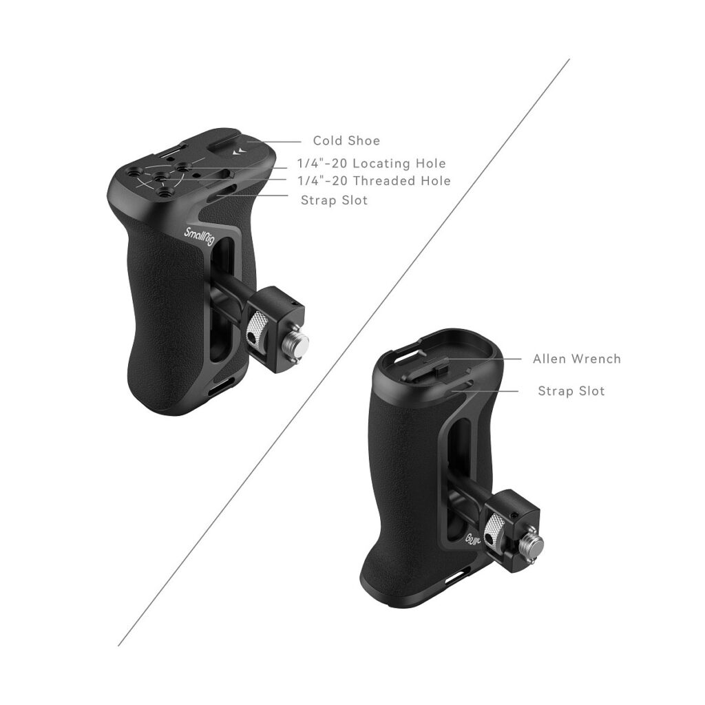 SmallRig_ARRI_Locating_Side_Handle_4016_003 Kaksi näkymää SmallRig 4016 ARRI Locating Side Handle -mallin mustasta sivukahvasta näyttää merkityt ominaisuudet: kylmä kenkä, 1/4"-20 paikannus- ja kierrereiät, hihna-aukko ja kuusiokoloavain. Kahvassa on kuvioitu pinta ja useita kiinnityspisteitä.