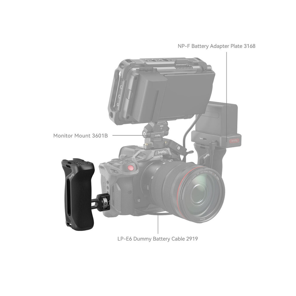 SmallRig_ARRI_Locating_Side_Handle_4016_004 Kamera-asetelma, jossa on SmallRig 4016 ARRI Locating Side Handle, NP-F-akun sovitinlevy, sivumonitorikiinnike, LP-E6-akkujohto, suuri objektiivi ja kahva.