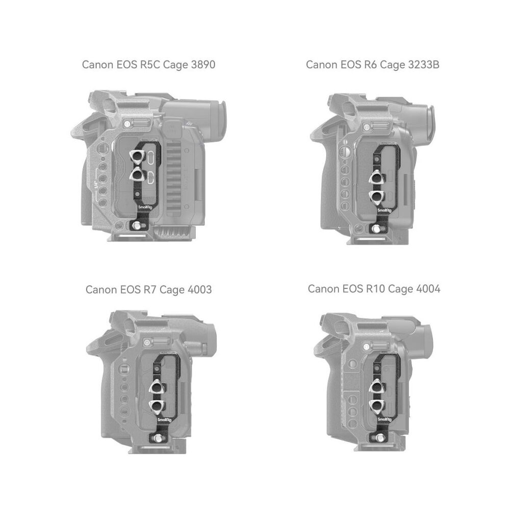 SmallRig_Black_Mamba_cable_clamp_003 Kaavio, jossa SmallRig 4272 "Black Mamba" HDMI- ja USB-C-kaapelikiinnike asennetaan Canon EOS R5-, R6-, R5C-, R7- ja R10-kameroihin, kukin kiinnike vasemmalta puolelta.