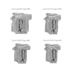 SmallRig_Black_Mamba_cable_clamp_003 Kaavio, jossa SmallRig 4272 "Black Mamba" HDMI- ja USB-C-kaapelikiinnike asennetaan Canon EOS R5-, R6-, R5C-, R7- ja R10-kameroihin, kukin kiinnike vasemmalta puolelta.