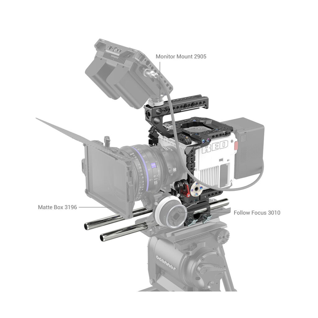 Ammattimainen RED V-RAPTOR -videoasennus SmallRig 3696 Cage Kit -laitteessa, kuvassa Monitor Mount 2905, Matte Box 3196, Follow Focus 3010 ja erilaisia lisävarusteita kuvausta varten.