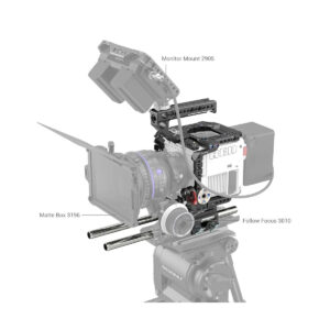 Ammattimainen RED V-RAPTOR -videoasennus SmallRig 3696 Cage Kit -laitteessa, kuvassa Monitor Mount 2905, Matte Box 3196, Follow Focus 3010 ja erilaisia lisävarusteita kuvausta varten.