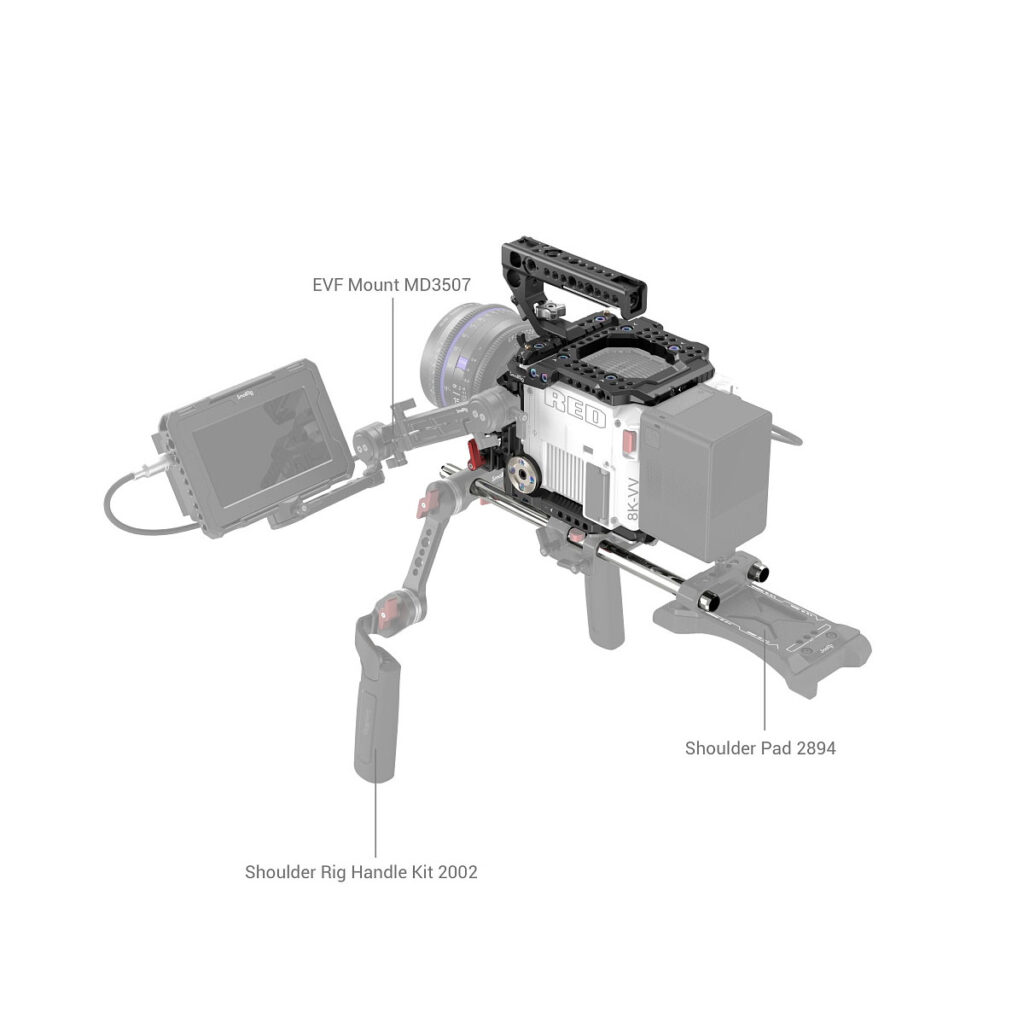 Kamera-asennelma, jossa on SmallRig 3696 Cage Kit for RED V-RAPTOR, merkittyjen osien kanssa: EVF Mount MD3507, Shoulder Pad 2894 ja Shoulder Rig Handle Kit 2002 on korostettu; muut osat ovat häivytettyjä.