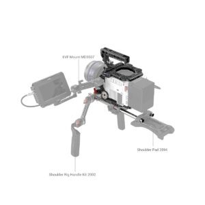 Kamera-asennelma, jossa on SmallRig 3696 Cage Kit for RED V-RAPTOR, merkittyjen osien kanssa: EVF Mount MD3507, Shoulder Pad 2894 ja Shoulder Rig Handle Kit 2002 on korostettu; muut osat ovat häivytettyjä.