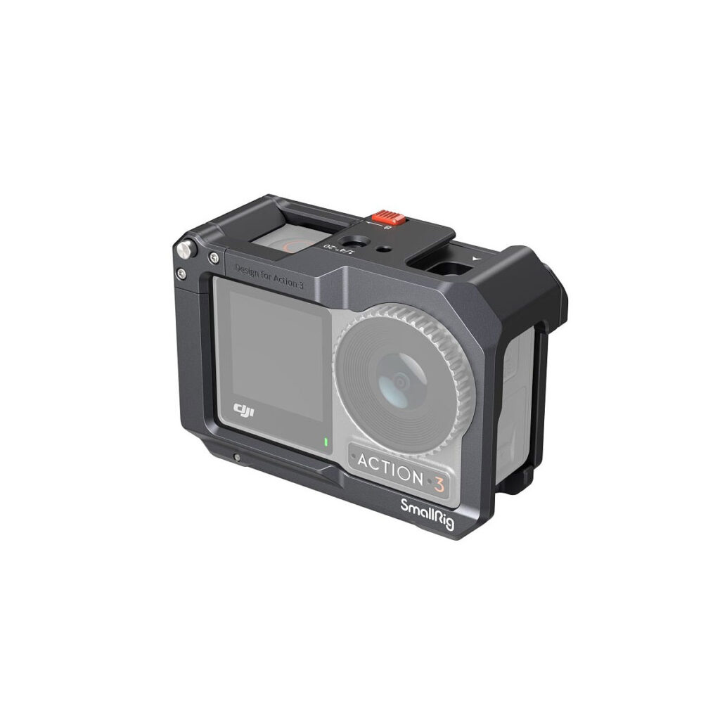 SmallRig_Cage_for_DJI_Osmo_Action_3_4119_001 The DJI Osmo Action 3 is shown in the SmallRig 4119 Cage for DJI Osmo Action 3/4, which features a visible lens, display and a red microSD card partially inserted into the top.