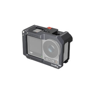SmallRig_Cage_for_DJI_Osmo_Action_3_4119_001 The DJI Osmo Action 3 is shown in the SmallRig 4119 Cage for DJI Osmo Action 3/4, which features a visible lens, display and a red microSD card partially inserted into the top.