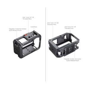SmallRig_Cage_for_DJI_Osmo_Action_3_4119_002 The SmallRig 4119 Cage for DJI Osmo Action 3/4 is shown side by side in both horizontal and vertical positions, and features cold shoe mounts, anti-twist threads and magnetic quick-release clips against a white background.