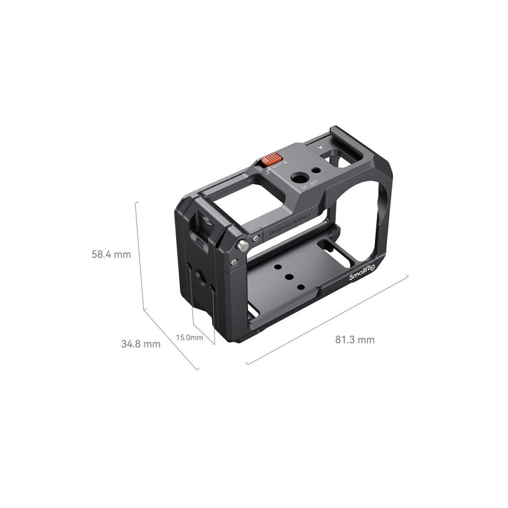 SmallRig_Cage_for_DJI_Osmo_Action_3_4119_003 The SmallRig 4119 Cage for DJI Osmo Action 3/4 is a black metal camera cage with multiple mounting points that measures 58.4 mm high, 34.8 mm wide, 81.3 mm long and 15.0 mm thick.