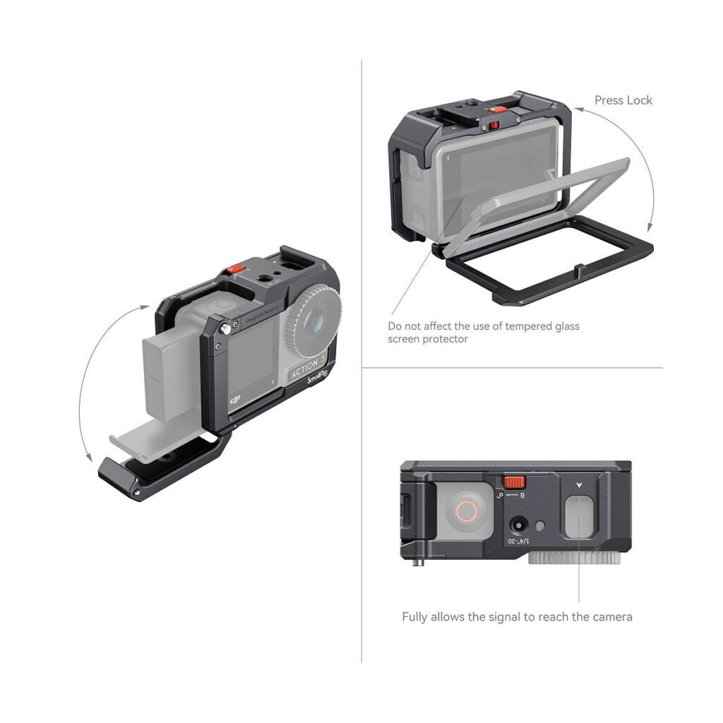 SmallRig_Cage_for_DJI_Osmo_Action_3_4119_004 The picture shows how to open the SmallRig 4119 Cage for DJI Osmo Action 3 / 4: press the lock button and open the side door to insert the battery. Also highlights the compatibility with the tempered glass screen protector.