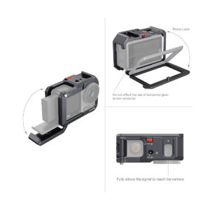SmallRig_Cage_for_DJI_Osmo_Action_3_4119_004 The picture shows how to open the SmallRig 4119 Cage for DJI Osmo Action 3 / 4: press the lock button and open the side door to insert the battery. Also highlights the compatibility with the tempered glass screen protector.