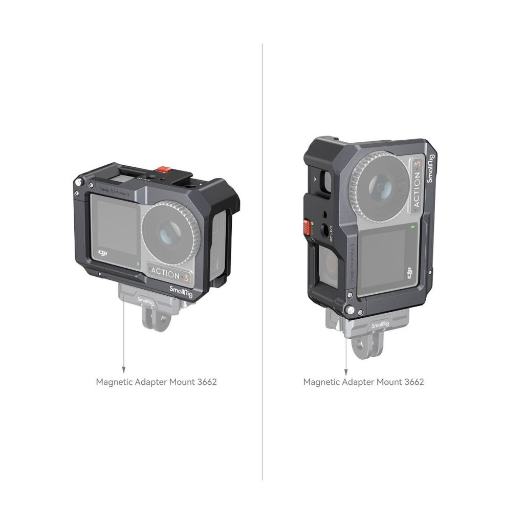 SmallRig_Cage_for_DJI_Osmo_Action_3_4119_005 Two views of the DJI Osmo Action 3 in the SmallRig 4119 Cage attached to the magnetic adapter mount 3662, shot from front and side perspectives against a white background.