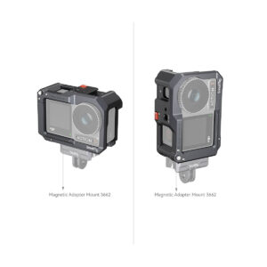 SmallRig_Cage_for_DJI_Osmo_Action_3_4119_005 Two views of the DJI Osmo Action 3 in the SmallRig 4119 Cage attached to the magnetic adapter mount 3662, shot from front and side perspectives against a white background.