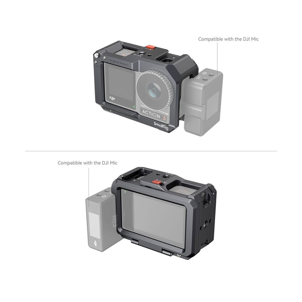 SmallRig_Cage_for_DJI_Osmo_Action_3_4119_006 Two views of the SmallRig 4119 Cage for DJI Osmo Action 3/4 in black with an accessory attached to show compatibility with the DJI Mic. The setup is visible from both the front and rear angles.