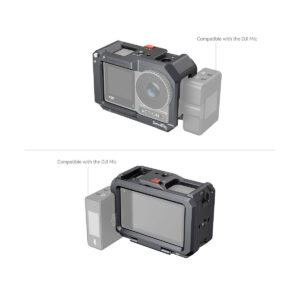 SmallRig_Cage_for_DJI_Osmo_Action_3_4119_006 Two views of the SmallRig 4119 Cage for DJI Osmo Action 3/4 in black with an accessory attached to show compatibility with the DJI Mic. The setup is visible from both the front and rear angles.