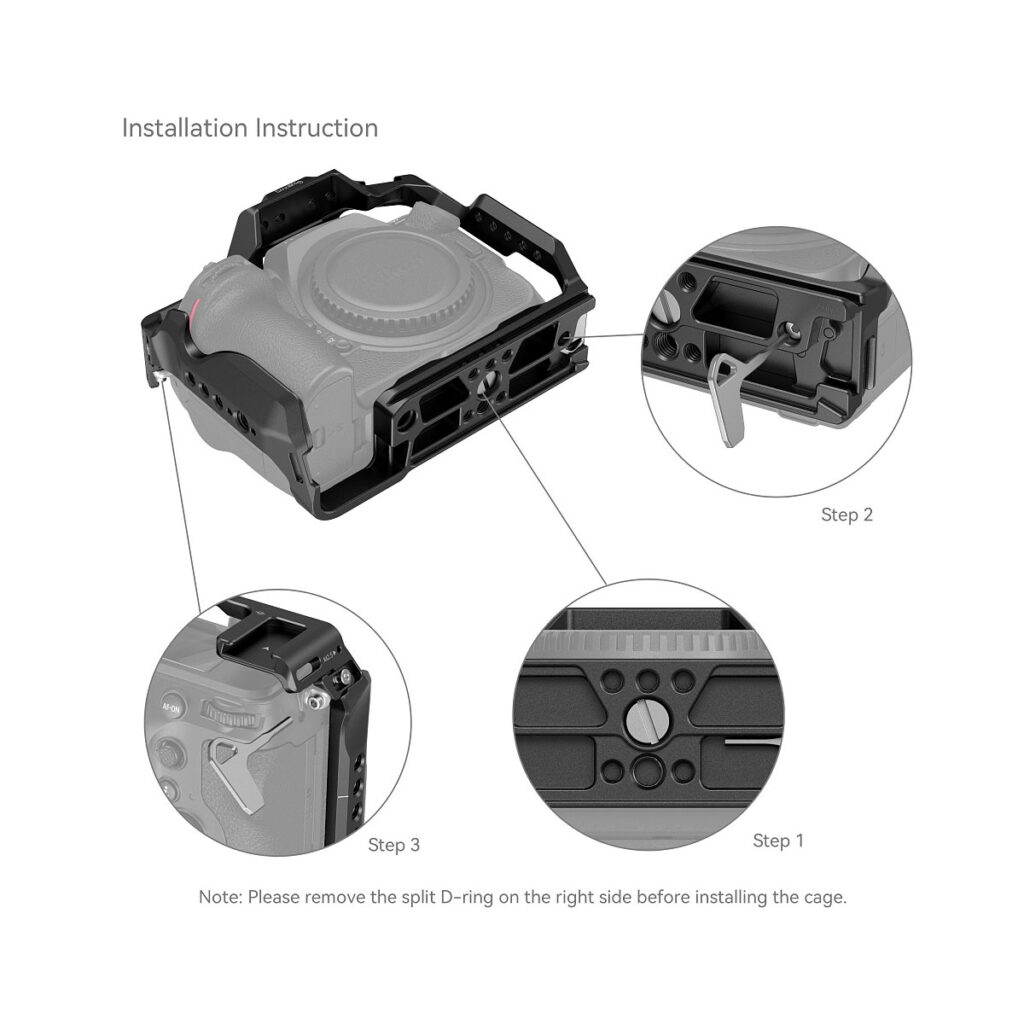 SmallRig_Cage_for_Nikon_Z8_3940_002 SmallRig 3940 -häkin asennus Nikon Z8:lle: Vaihe 1: Irrota jaettu D-rengas kameran oikeasta alakulmasta; Vaihe 2: Kohdista kamera häkkiin; Vaihe 3: Kiinnitä se paikalleen.