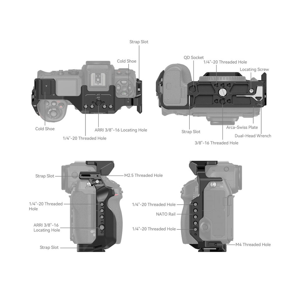 SmallRig_Cage_for_Nikon_Z8_3940_003 Kaavio SmallRig 3940 Cage for Nikon Z8 -kameran häkistä, jossa näkyy useita merkittyjä kiinnityspisteitä - hihna-aukot, kylmäkengät, kierrereiät, QD-liitäntä, NATO-kisko ja työkalujen säilytyspaikka - ja jossa on havainnollistettu kamera.